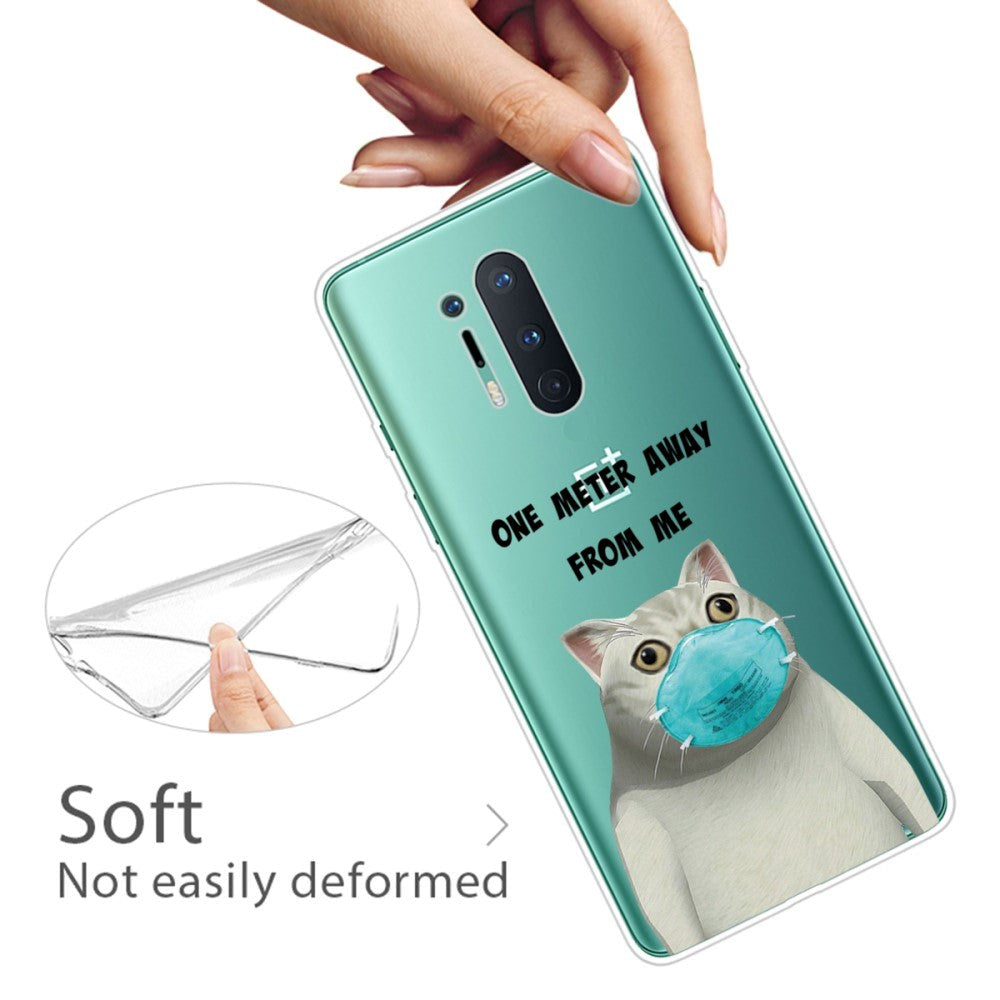 OnePlus 8 Pro Flexible Plastic Case w. Print - Transparent / Cat with Mask