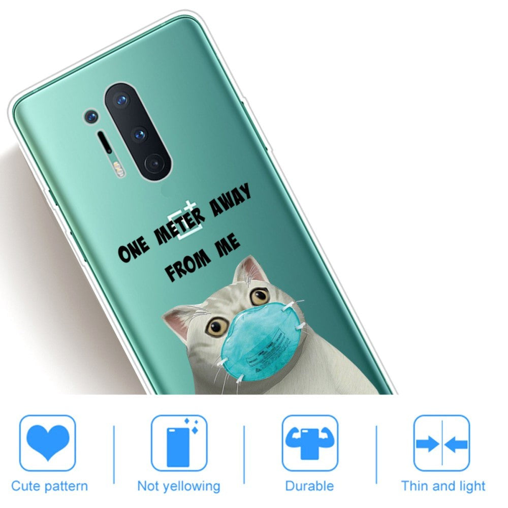 OnePlus 8 Pro Flexible Plastic Case w. Print - Transparent / Cat with Mask