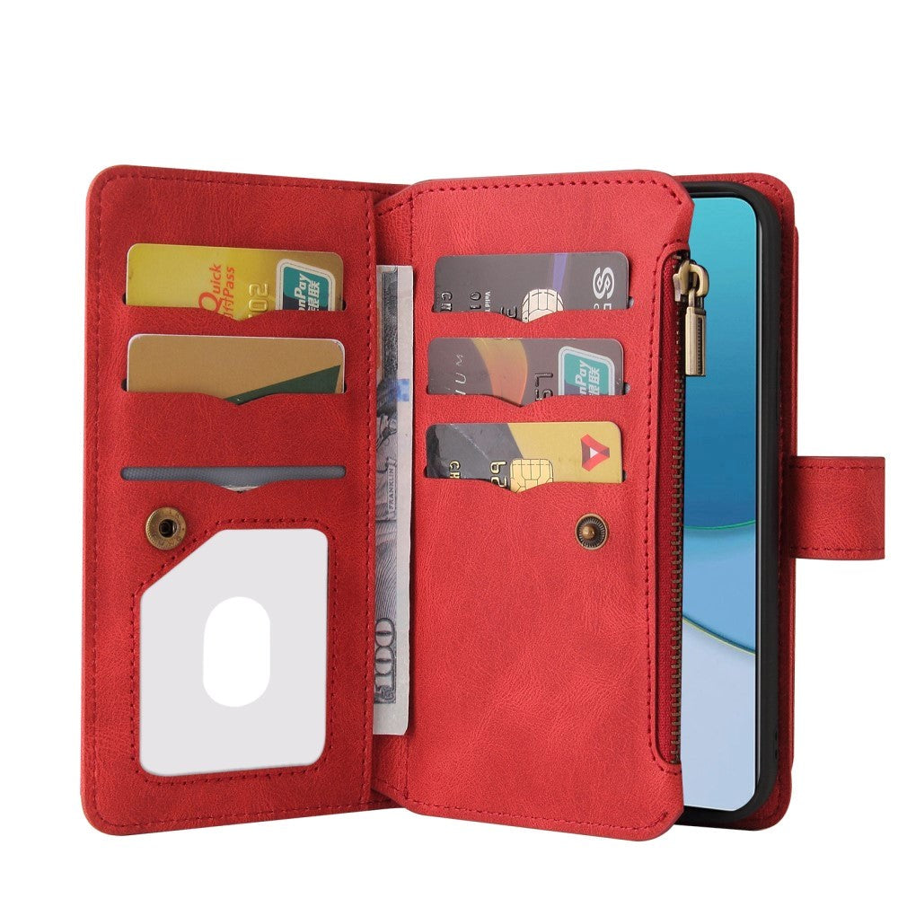 OnePlus 9 Leather Flip Case w. Strap, Wallet & 15 Card Holders - Red