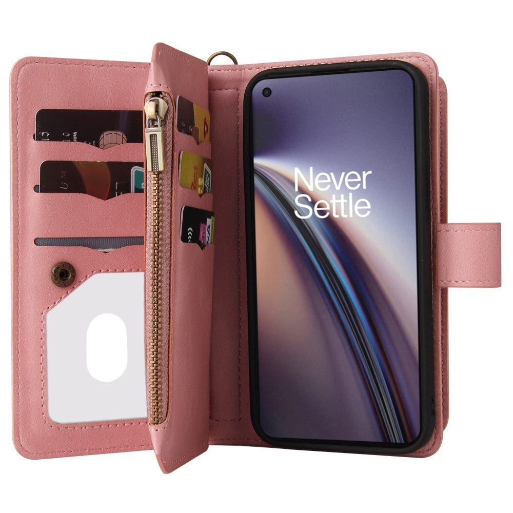 OnePlus North CE (5G) Leather Flip Case w. Strap, Wallet & 15 Card Holders - Pink