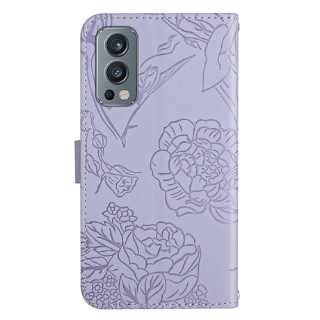 OnePlus Nord 2 (5G) Flip Case with Purse & Strap - Butterfly Engraving - Purple