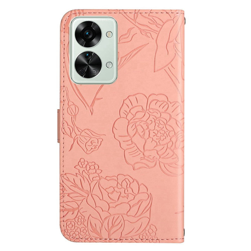 OnePlus Nord 2T (5G) Wallet Case w. Strap - Butterfly Engraving - Pink