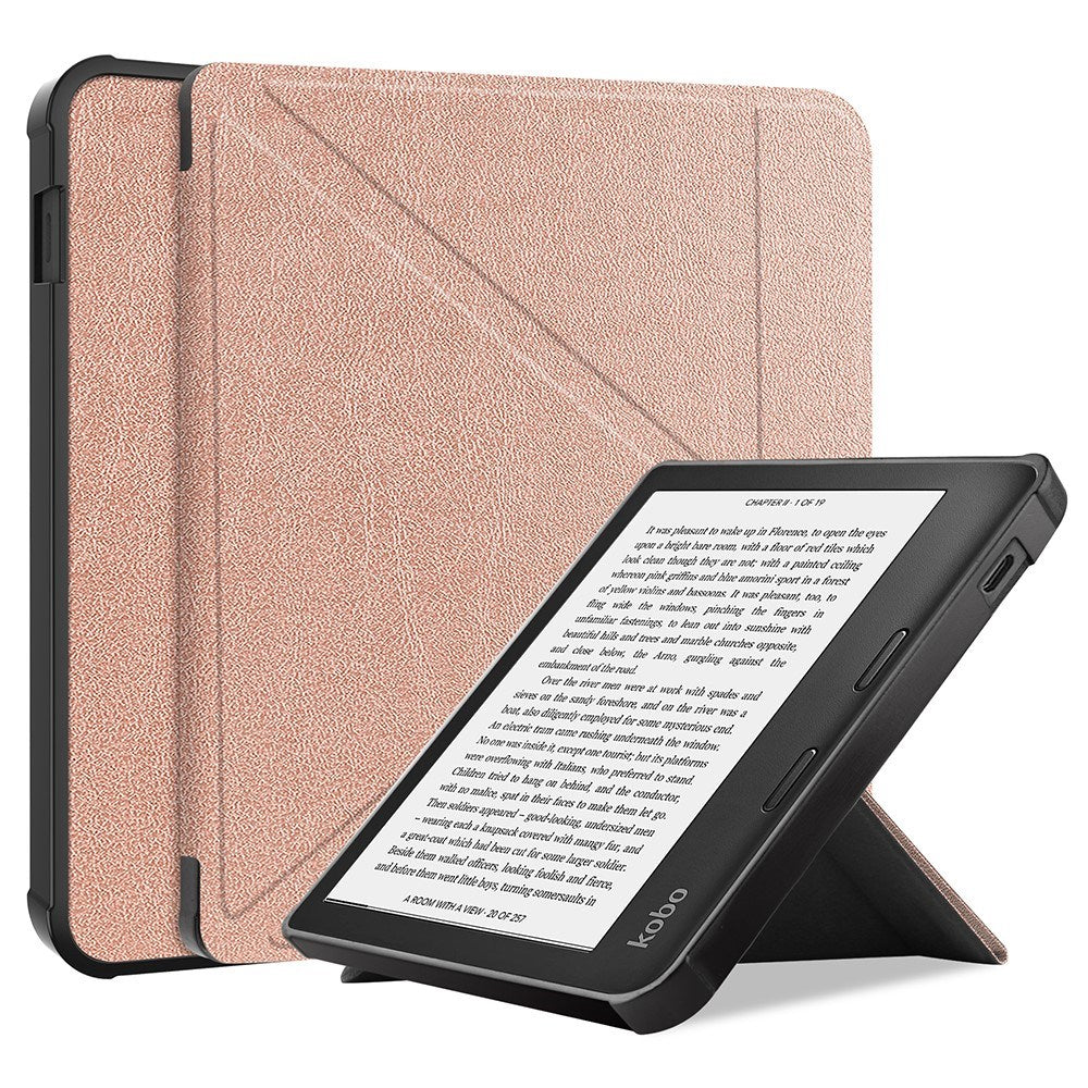 Kobo Libra 2 Origami Artificial Leather Flip Case w. Stand Function - Rose Gold