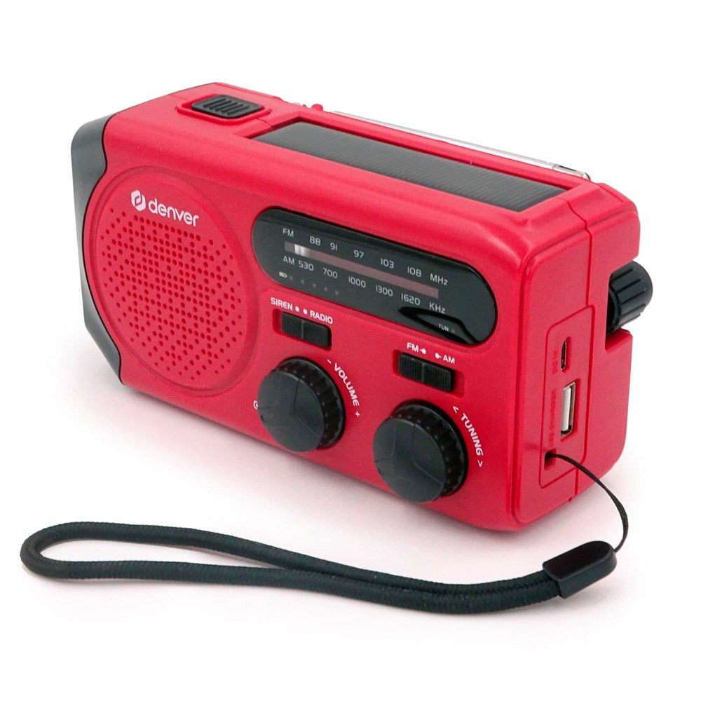 Denver Emergency Radio with Solar Charging - AM / FM Radio - Flashlight - Red