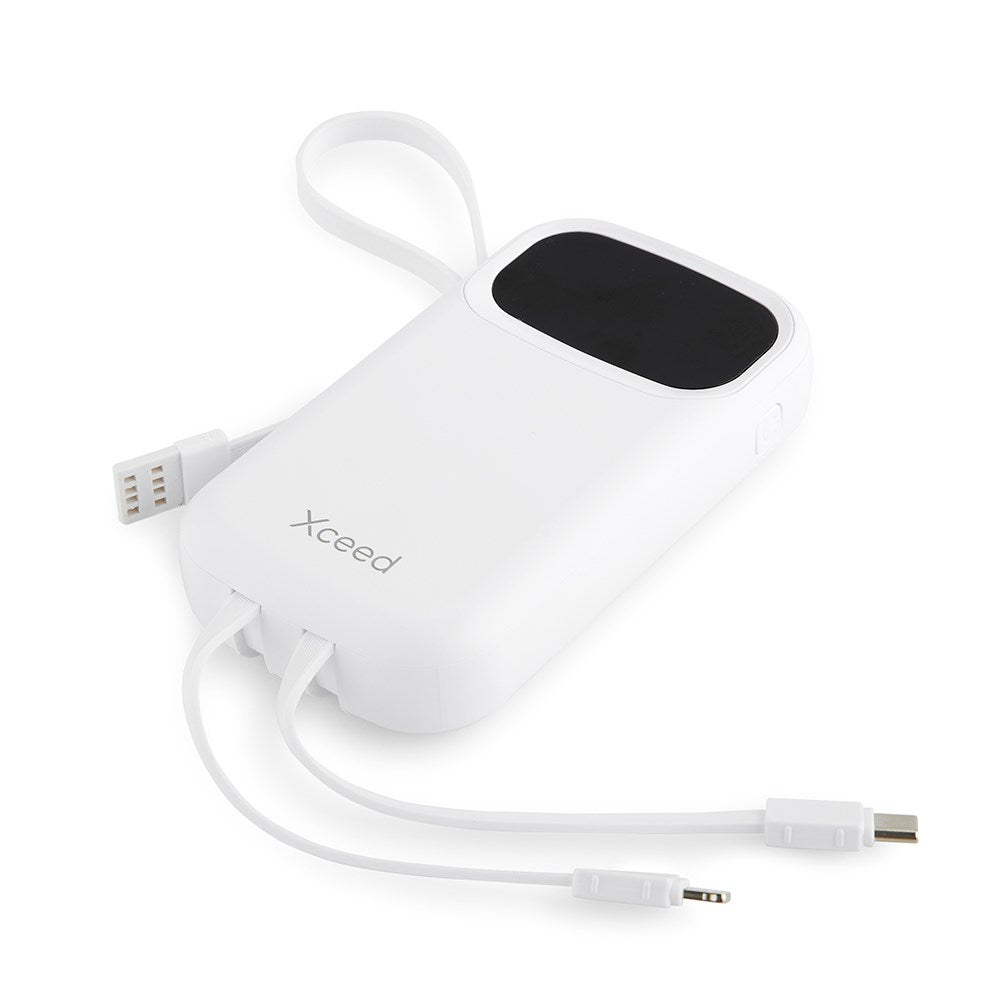 Xceed Powerbank - 10,000 mAh - Built-in Cables - Fast Charging - White