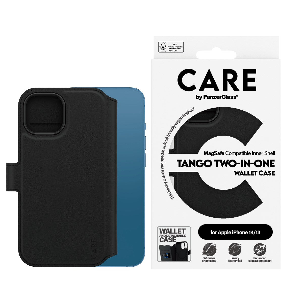 CARE by PanzerGlass iPhone 14 Feature Tango 2-in-1 Flip Case with Wallet - Black