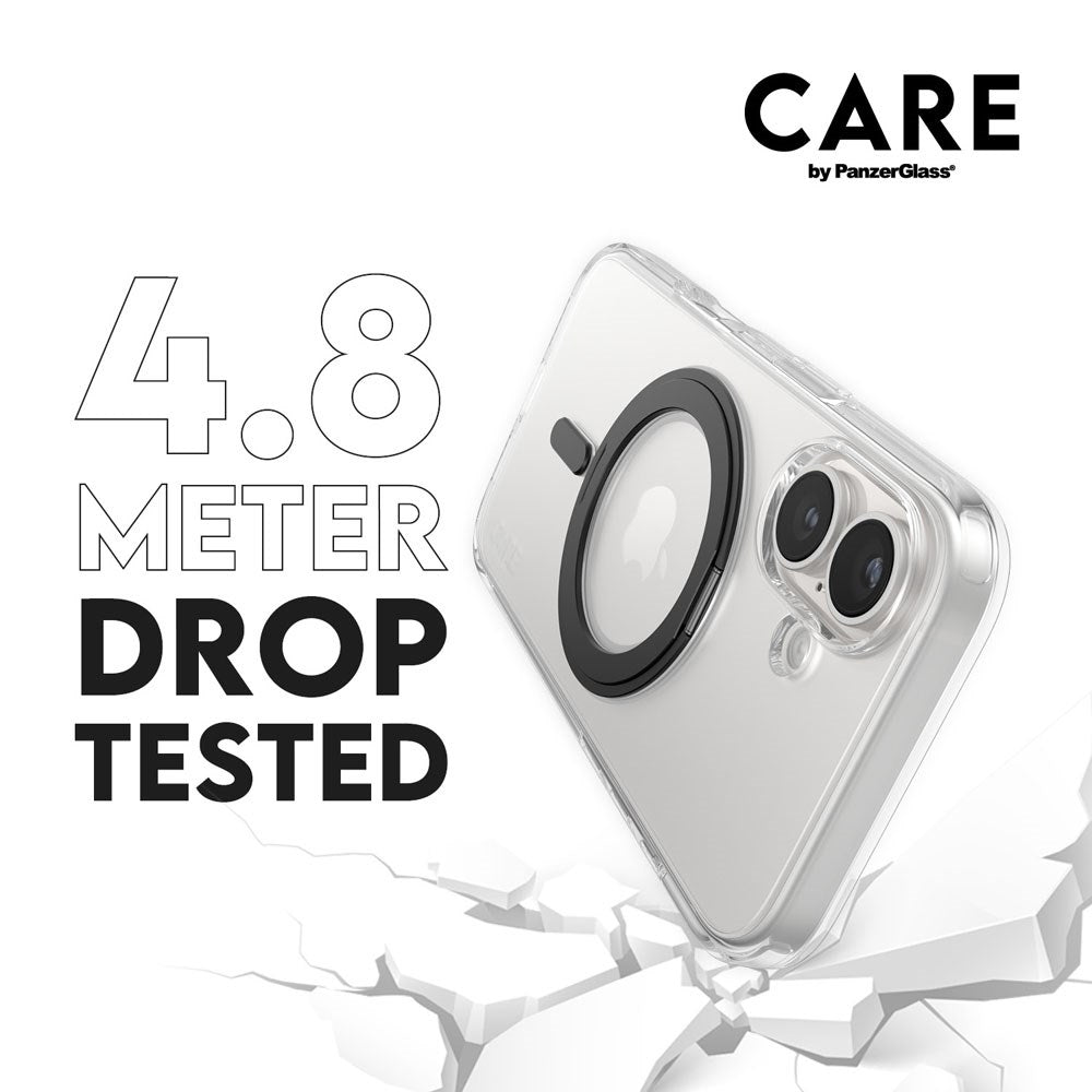 CARE by PanzerGlass iPhone 16 Feature Kickstand Case - MagSafe Compatible - Transparent / Black