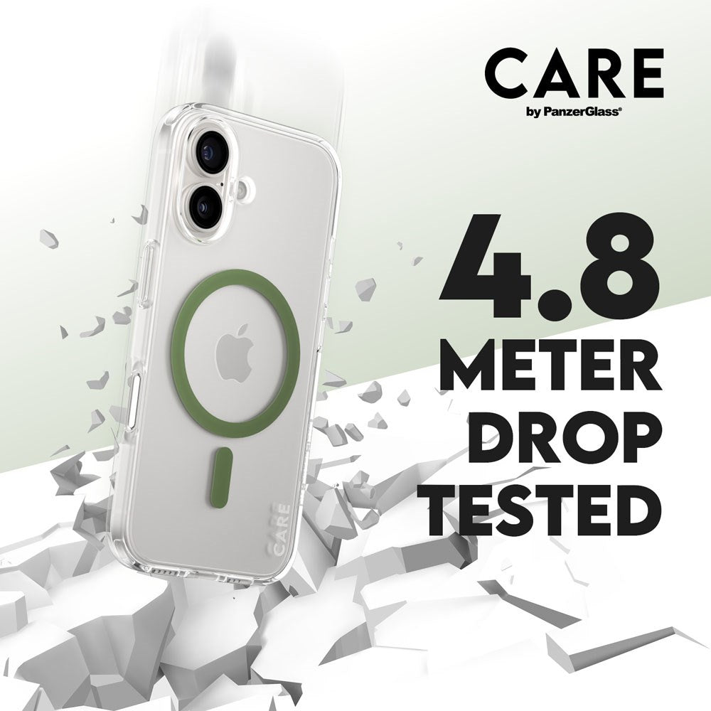CARE by PanzerGlass iPhone 16 FLAGSHIP Urban Combat Case - MagSafe Compatible - Transparent / Piquant Green