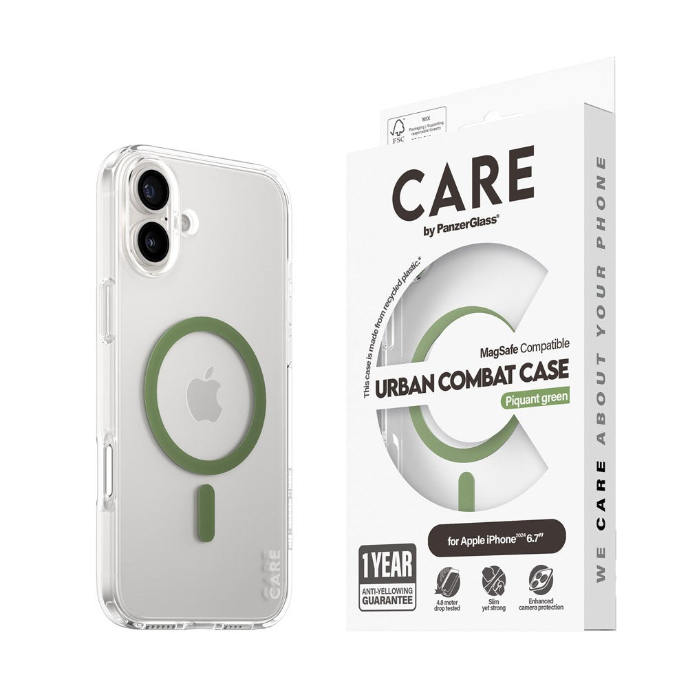CARE by PanzerGlass iPhone 16 Plus FLAGSHIP Urban Combat Case - MagSafe Compatible - Transparent / Piquant Green