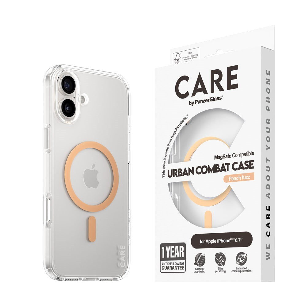 CARE by PanzerGlass iPhone 16 Plus FLAGSHIP Urban Combat Case - MagSafe Compatible - Transparent / Peach Fuzz