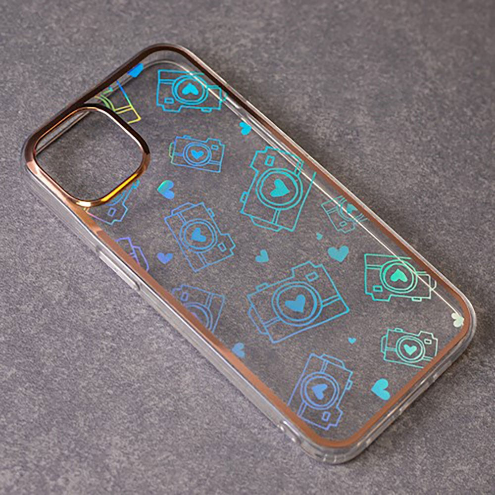 iPhone 14 Pro Max Hybrid Plastic Case w. Holographic Print - Camera Motif - Transparent