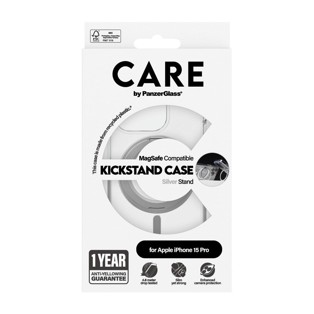 CARE by PanzerGlass iPhone 15 Pro Feature Kickstand Case - MagSafe Compatible - Transparent / Silver