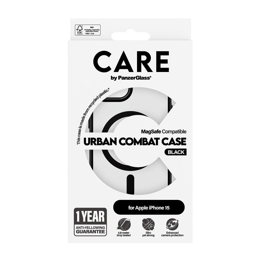 CARE by PanzerGlass iPhone 15 FLAGSHIP Urban Combat Case - MagSafe Compatible - Transparent / Black