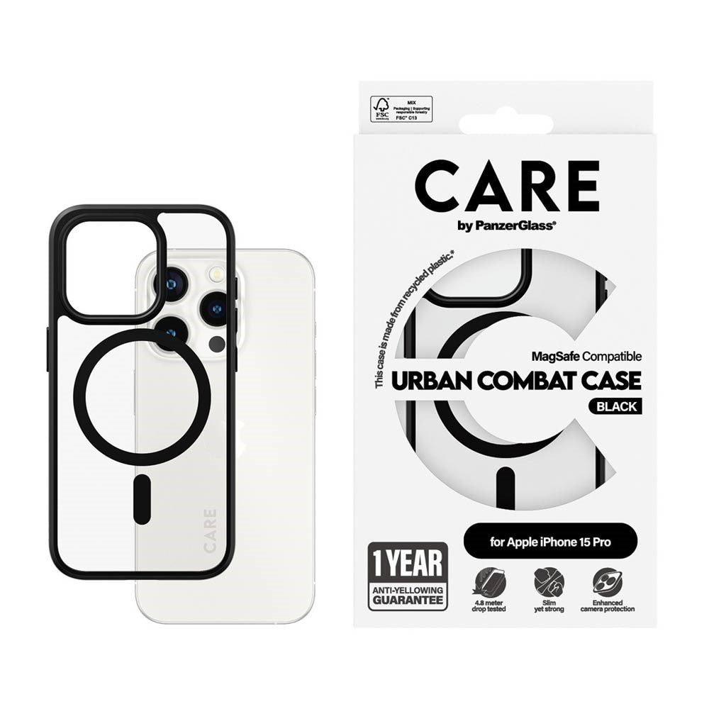 CARE by PanzerGlass iPhone 15 Pro FLAGSHIP Urban Combat Case - MagSafe Compatible - Transparent / White