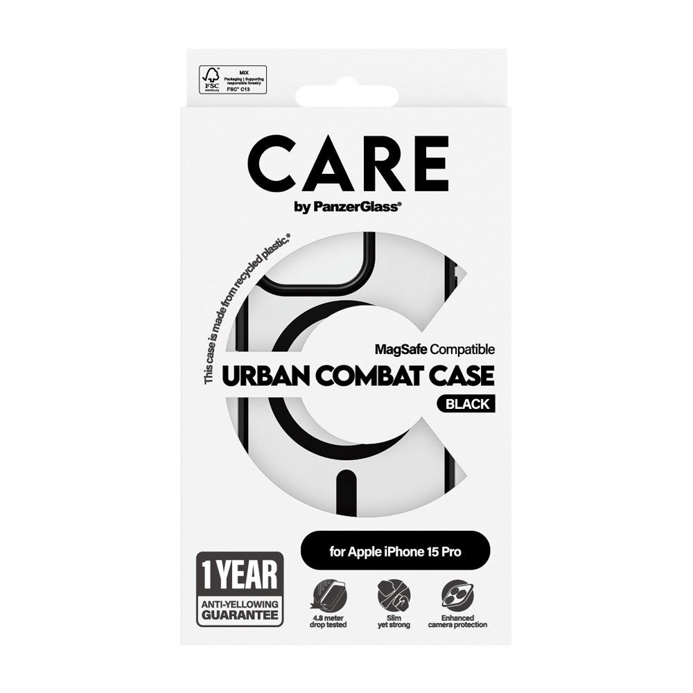 CARE by PanzerGlass iPhone 15 Pro FLAGSHIP Urban Combat Case - MagSafe Compatible - Transparent / White