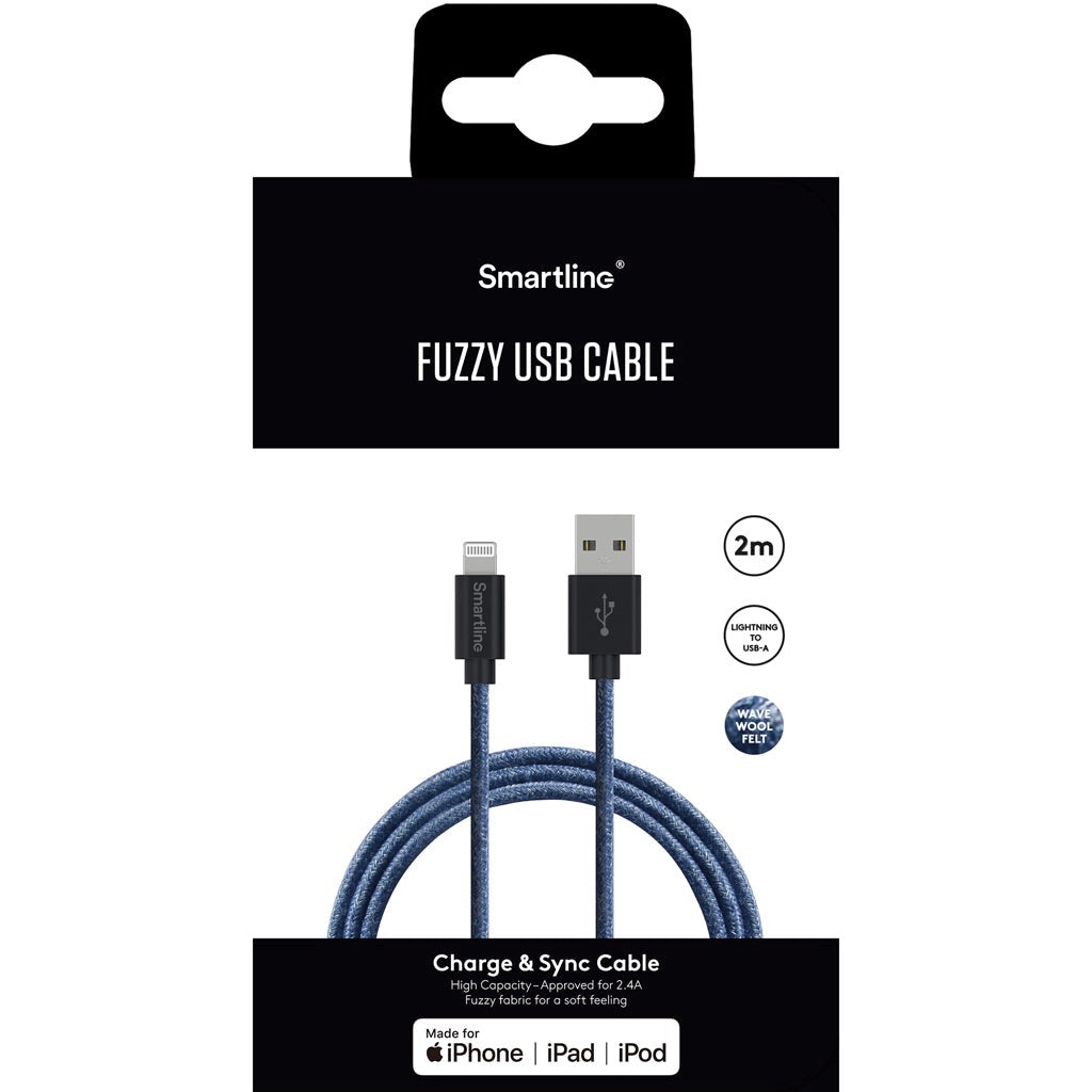 Smartline Fuzzy USB-A to Lightning Cable 2 w. - Blue