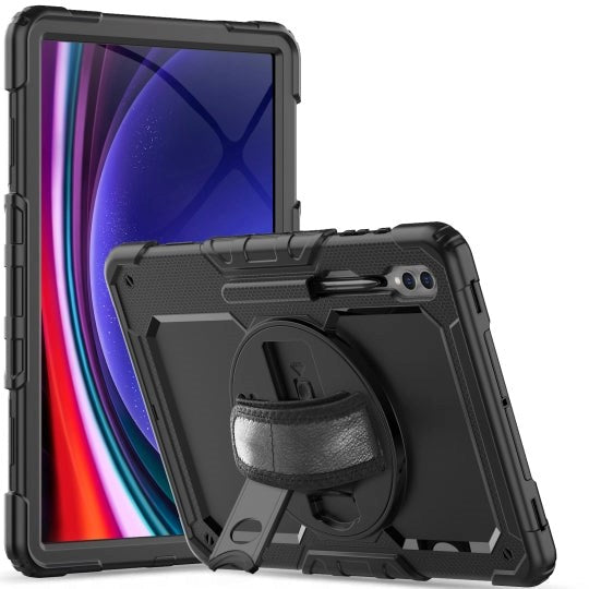 Samsung Galaxy Tab S9 / S8 Ultra Tech-Protect Solid360 Tough Case w. Protective Film, Hand Holder & Shoulder Strap - Black