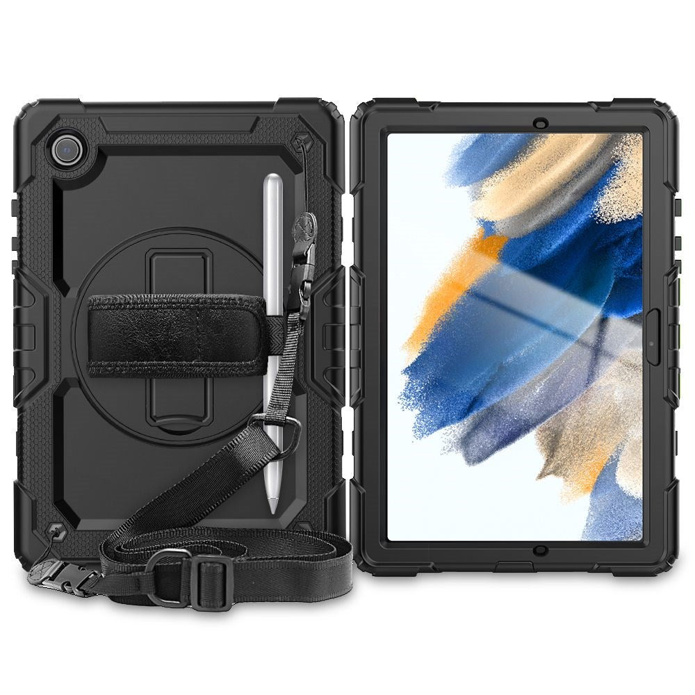 Samsung Galaxy Tab A8 10.5" (2021) Tech-Protect Solid360 Tough Case w. Protective Film, Hand Holder & Shoulder Strap - Black