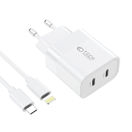 Tech-Protect 20W Wall charger with 2 x USB-C & USB-C to Lightning Cable - White