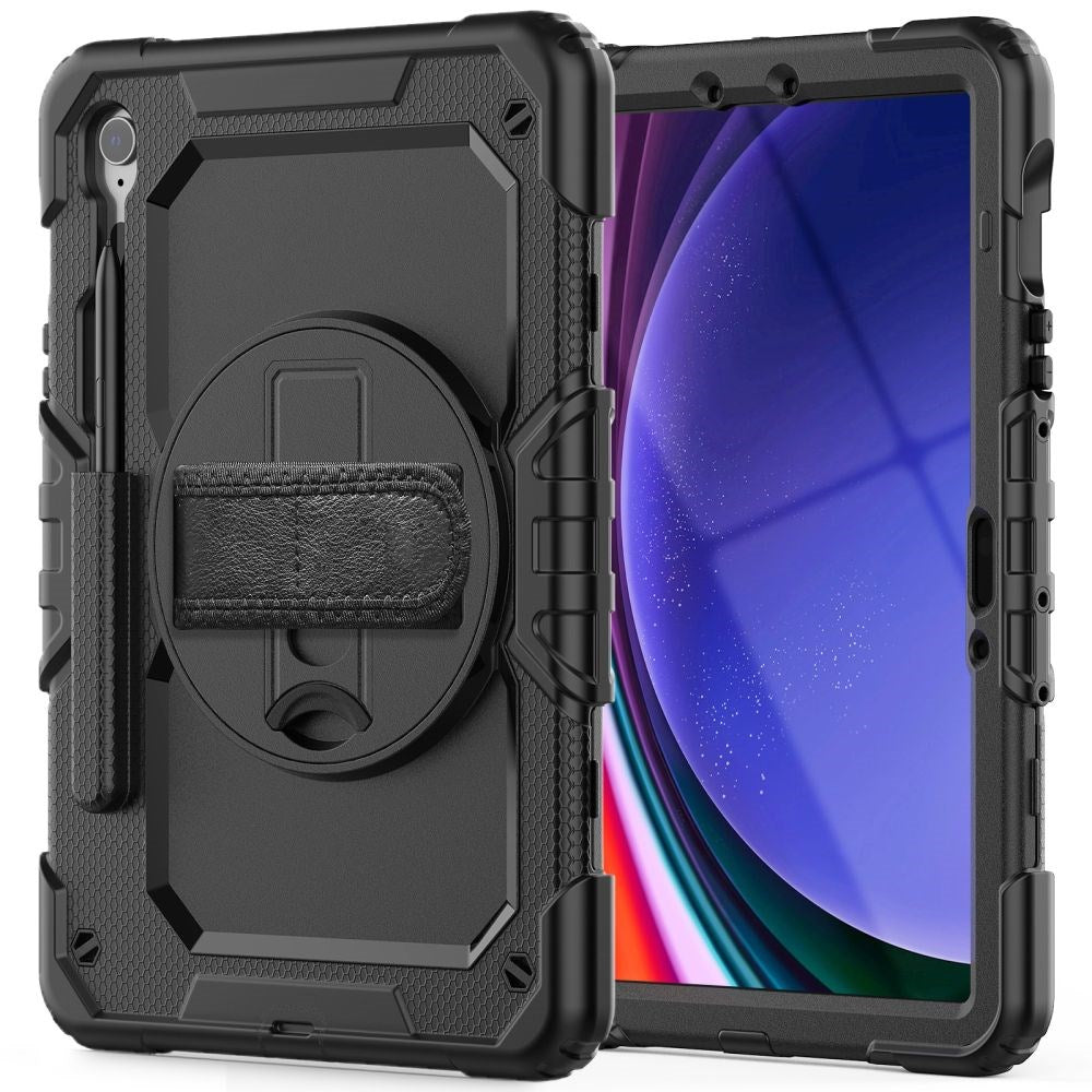 Samsung Galaxy Tab S9 FE+ (Plus) Tech-Protect Solid360 Tough Case w. Protective Film, Hand Holder & Shoulder Strap - Black