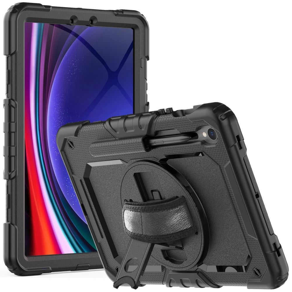 Samsung Galaxy Tab S9 Tech-Protect Solid360 Tough Case w. Protective Film, Hand Holder & Shoulder Strap - Black