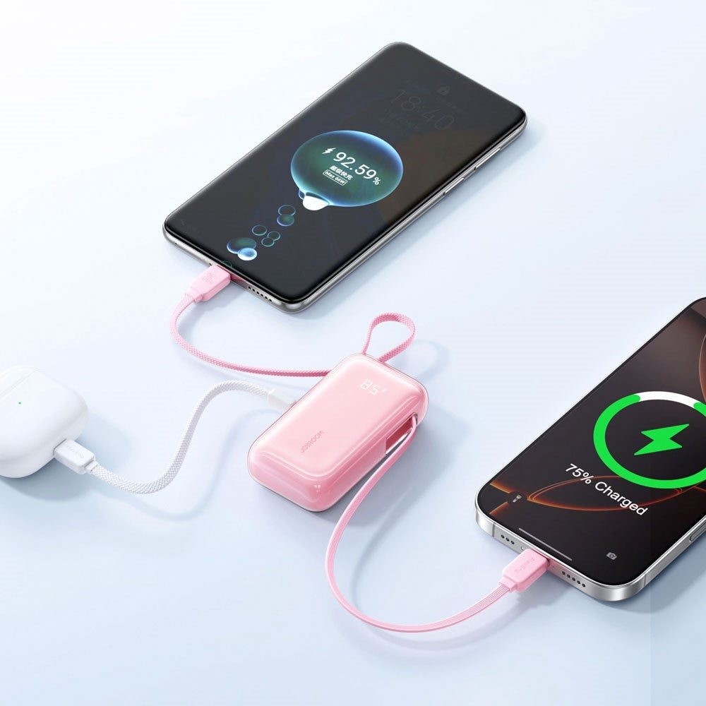 Joyroom JR-PR2L 35W PowerBank with Retractable USB-C Cable & Built-in Lightning Cable - 10.000mAh - Pink