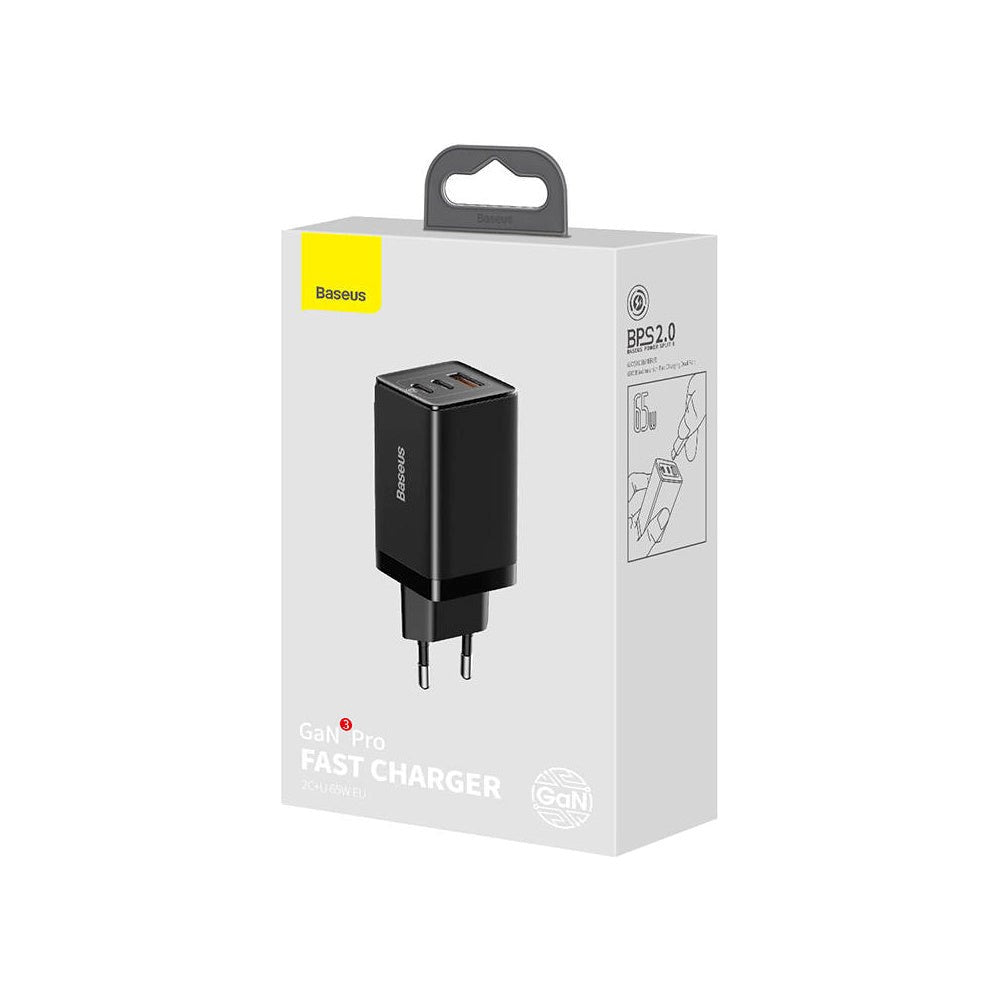 Baseus Wall Charger 65W GaN3 Pro 2x USB-C & 1x USB-A - Black