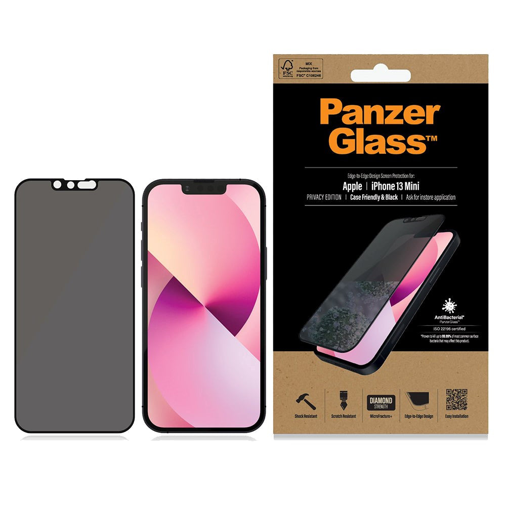 iPhone 13 Mini PanzerGlass Antibacterial Edge-to-Edge Screen Protector - Case Friendly - Privacy - Black Edge