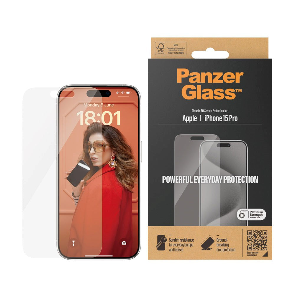 iPhone 15 Pro PanzerGlass Classic Fit Screen Protector - Platinum Strength - Transparent