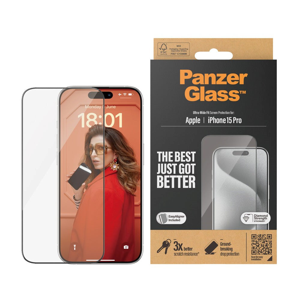 iPhone 15 Pro PanzerGlass Ultra Wide Fit Screen Protector w. EasyAligner - Diamond Strength - Transparent / Black Edge