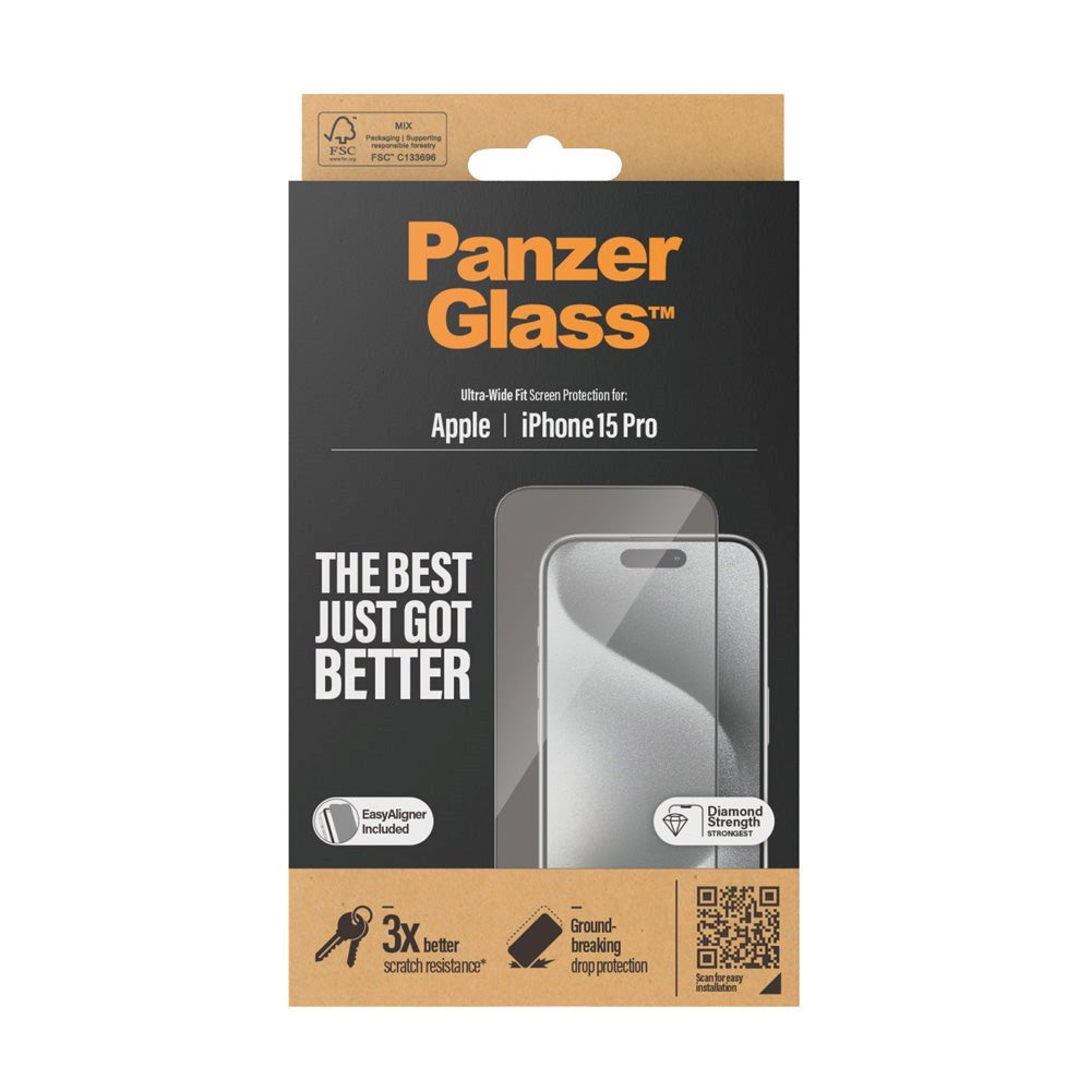 iPhone 15 Pro PanzerGlass Ultra Wide Fit Screen Protector w. EasyAligner - Diamond Strength - Transparent / Black Edge