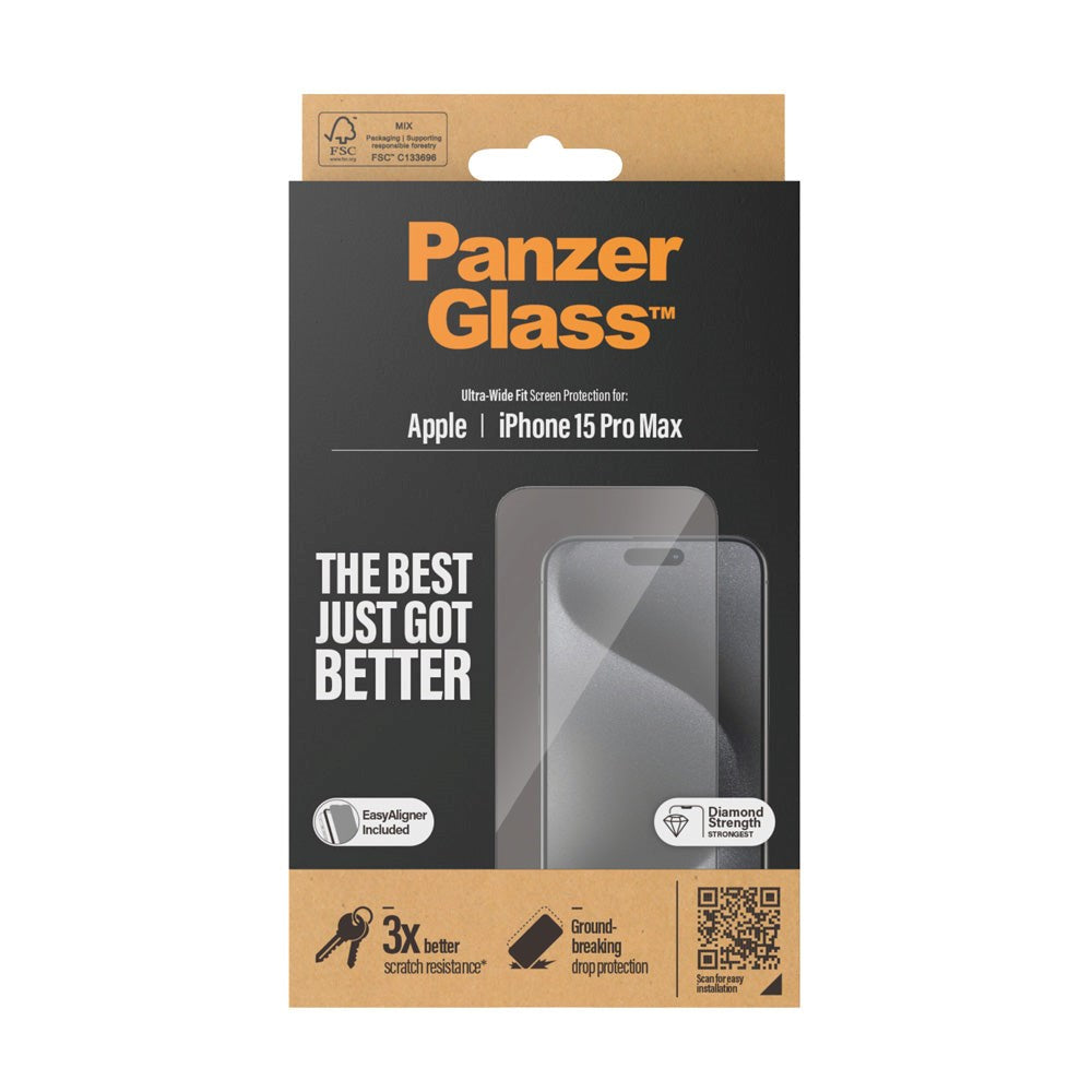 iPhone 15 Pro Max PanzerGlass Ultra Wide Fit Screen Protector w. EasyAligner - Diamond Strength - Transparent / Black Edge