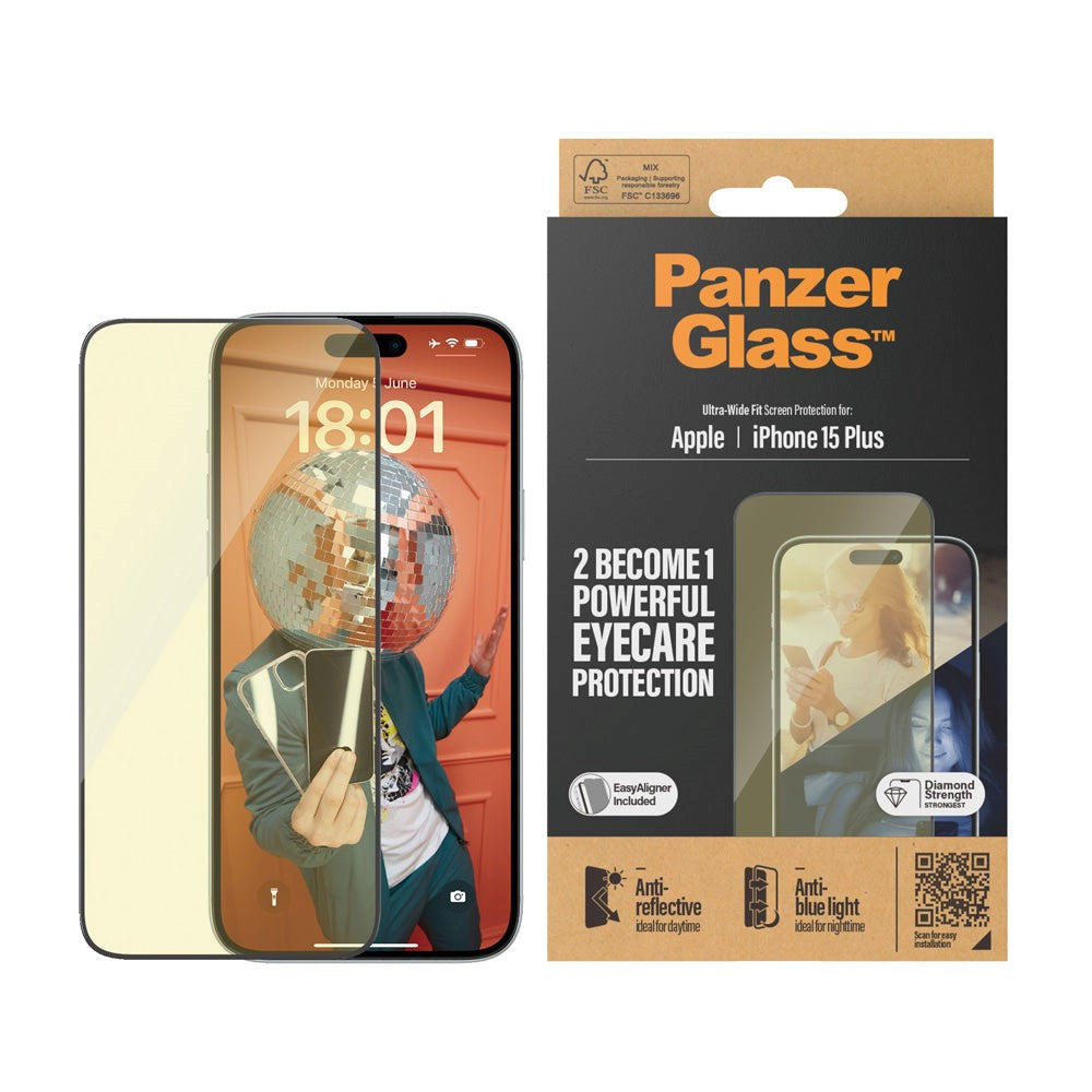 iPhone 15 Plus PanzerGlass Ultra Wide Fit Screen Protector w. EasyAligner - Anti-Reflective - Anti-Blue Light - Diamond Strength - Transparent / Black Edge