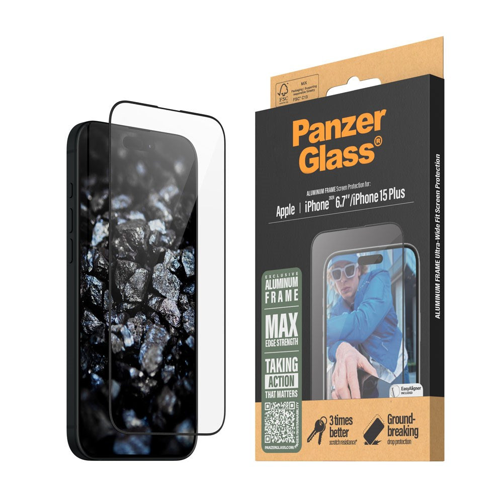 iPhone 16 Plus PanzerGlass Ultra Wide Fit Screen Protector w. EasyAligner - Aluminum Frame - Diamond Strength - Transparent / Black Edge