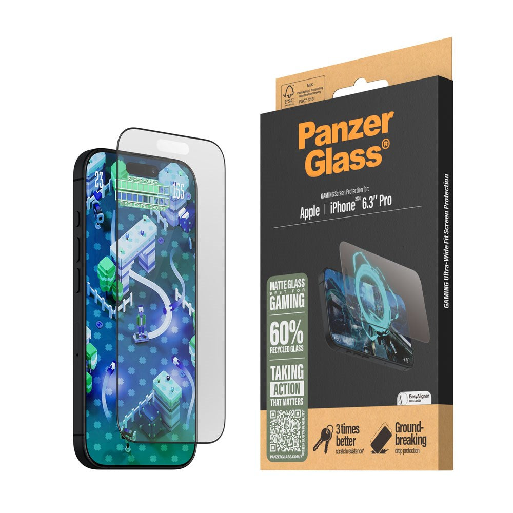 iPhone 16 Pro PanzerGlass Ultra Wide Fit Screen Protector w. EasyAligner - Anti-Reflective - Diamond Strength - Transparent / Black Edge