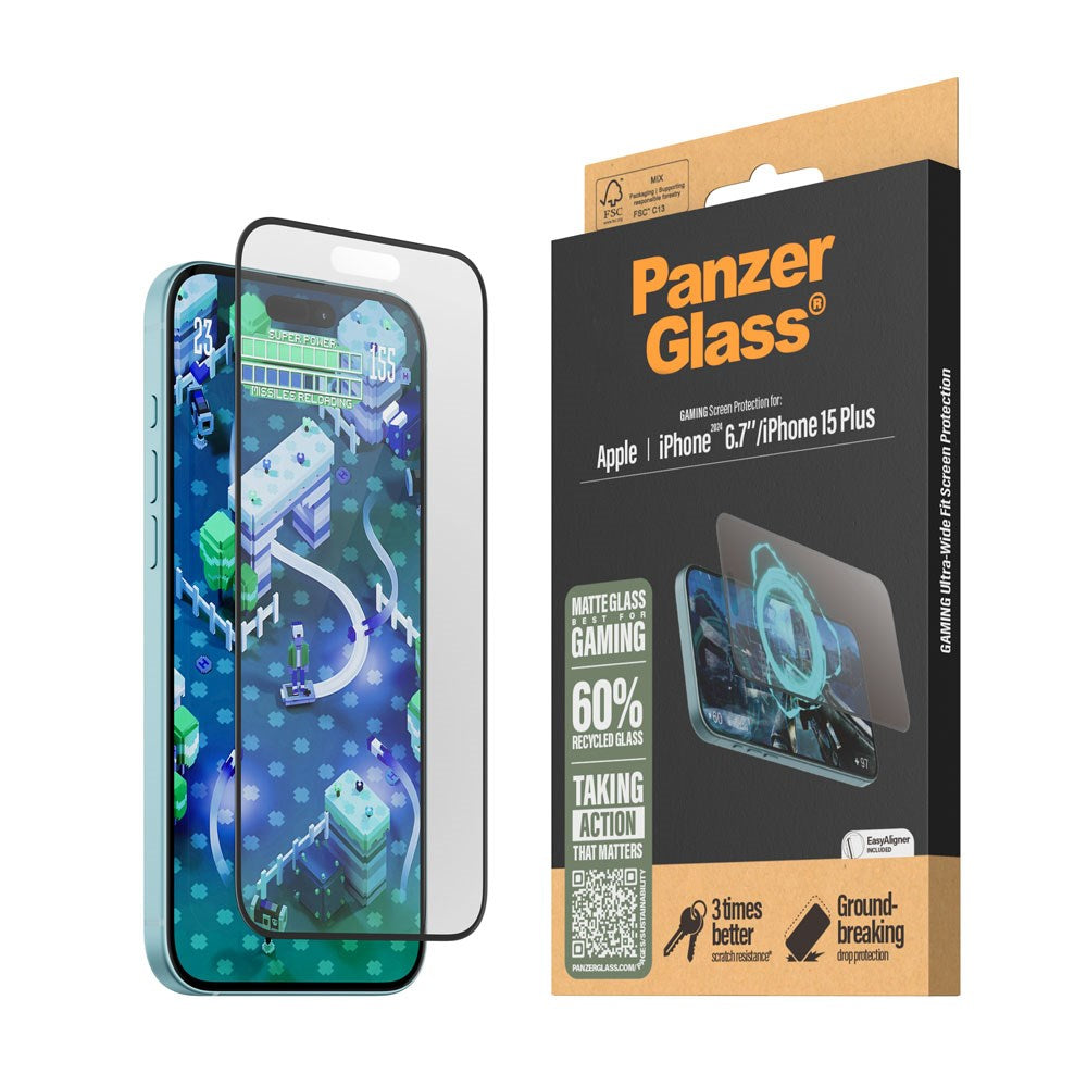 iPhone 16 Plus PanzerGlass Ultra Wide Fit Screen Protector w. EasyAligner - Anti-Reflective - Diamond Strength - Transparent / Black Edge