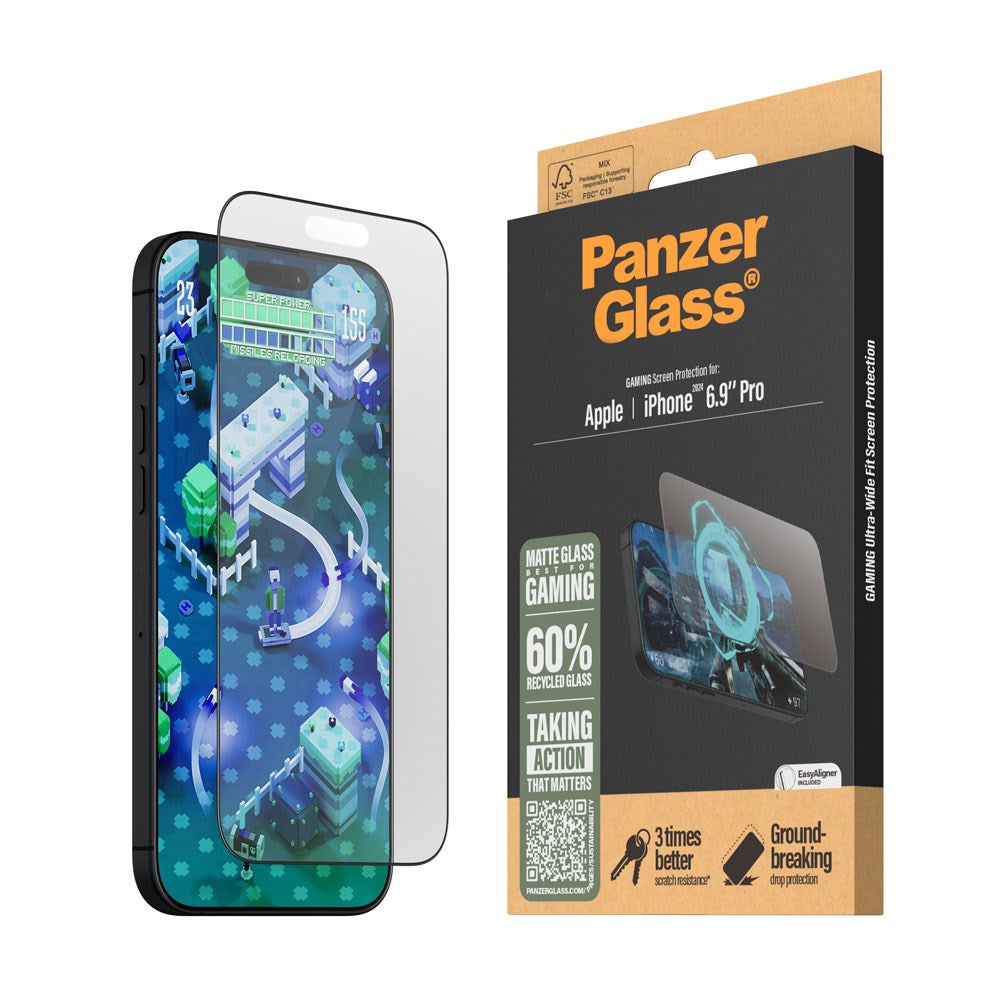 iPhone 16 Pro Max PanzerGlass Ultra Wide Fit Screen Protector w. EasyAligner - Anti-Reflective - Diamond Strength - Transparent / Black Edge