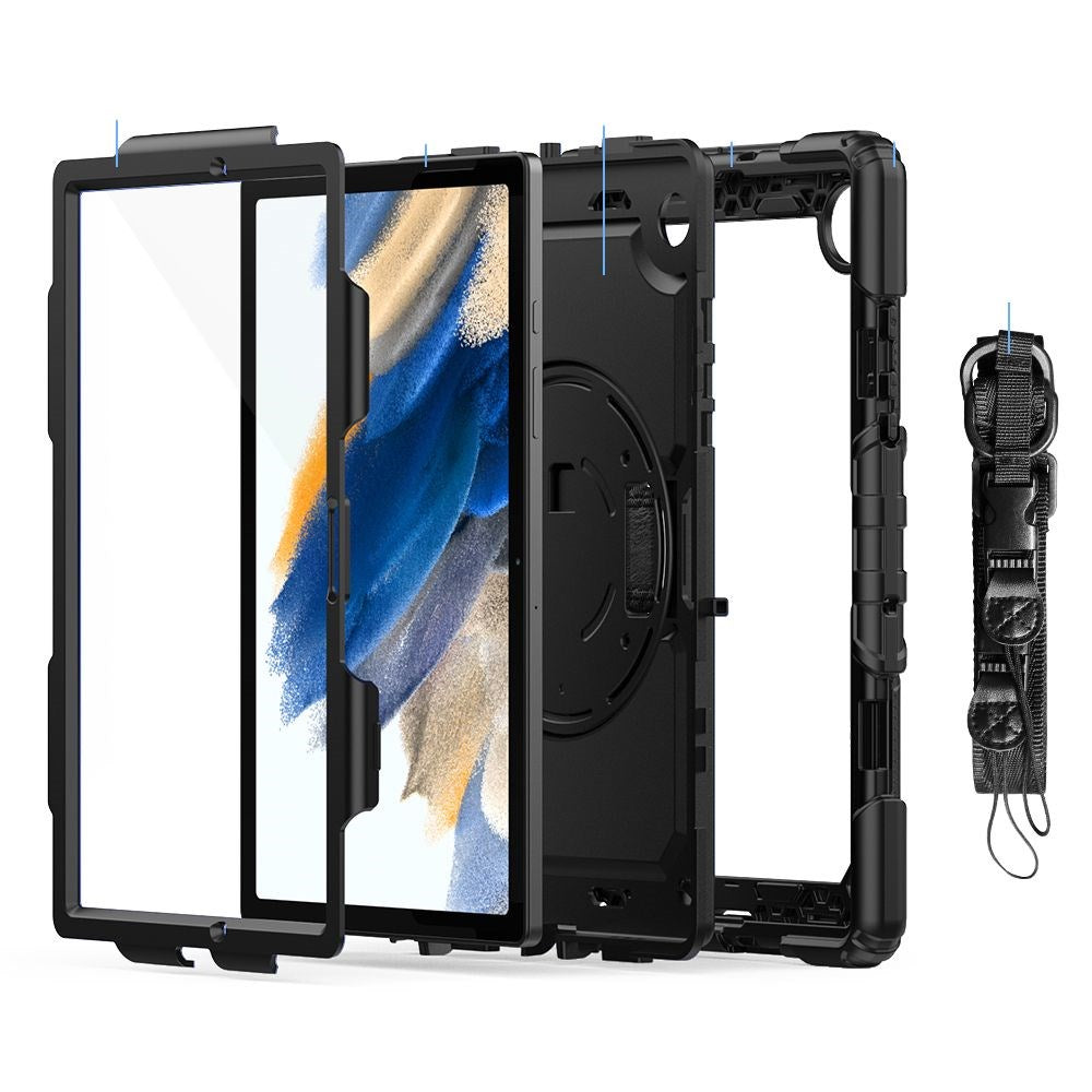 Samsung Galaxy Tab A8 10.5" (2021) Tech-Protect Solid360 Tough Case w. Protective Film, Hand Holder & Shoulder Strap - Black