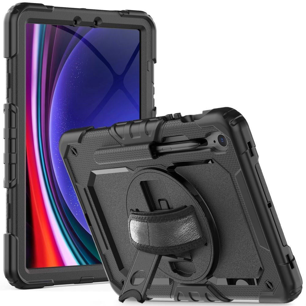 Samsung Galaxy Tab S9 FE+ (Plus) Tech-Protect Solid360 Tough Case w. Protective Film, Hand Holder & Shoulder Strap - Black