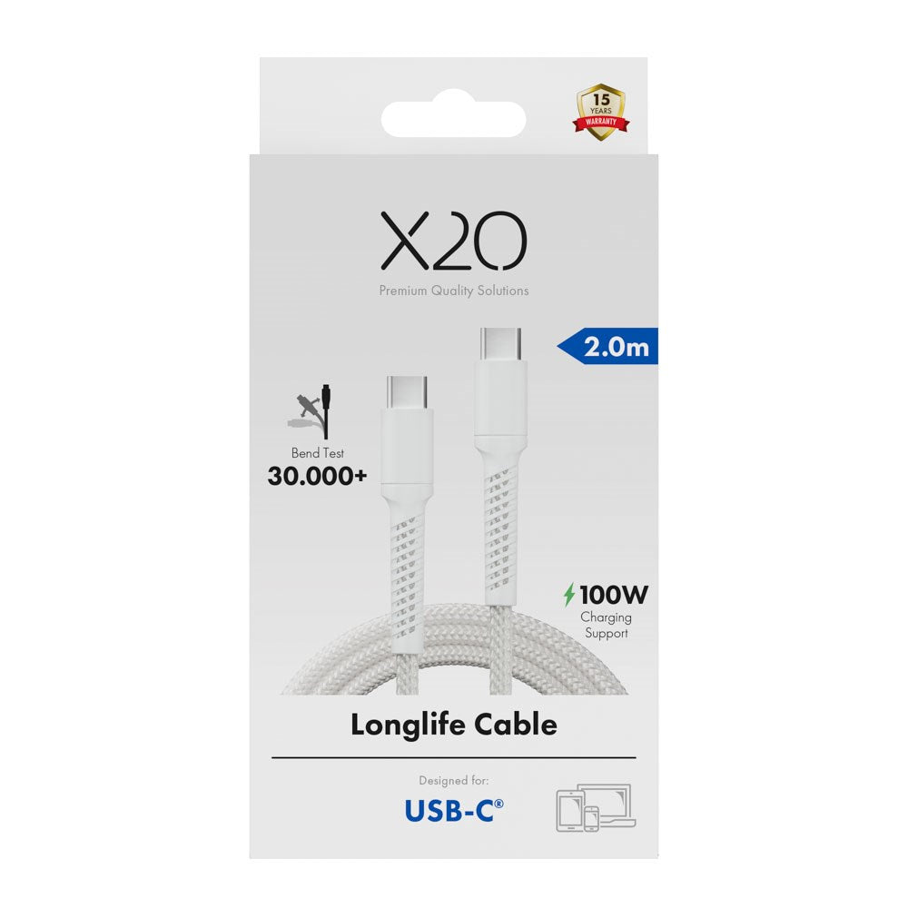 X2O Longlife 100W USB-C to USB-C Cable - 2m - White