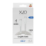 X2O Longlife 100W USB-C to USB-C Cable - 2m - White