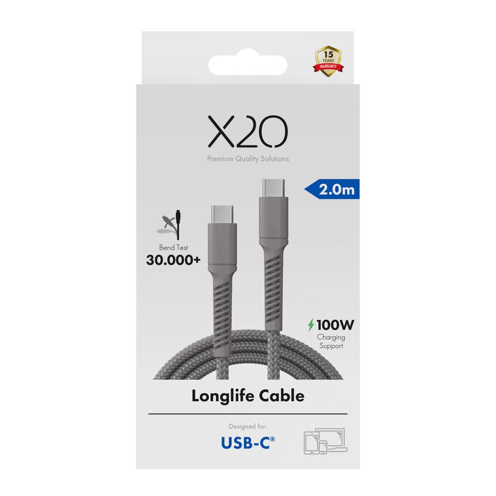 X2O Longlife 100W USB-C to USB-C Cable - 2m - Grey