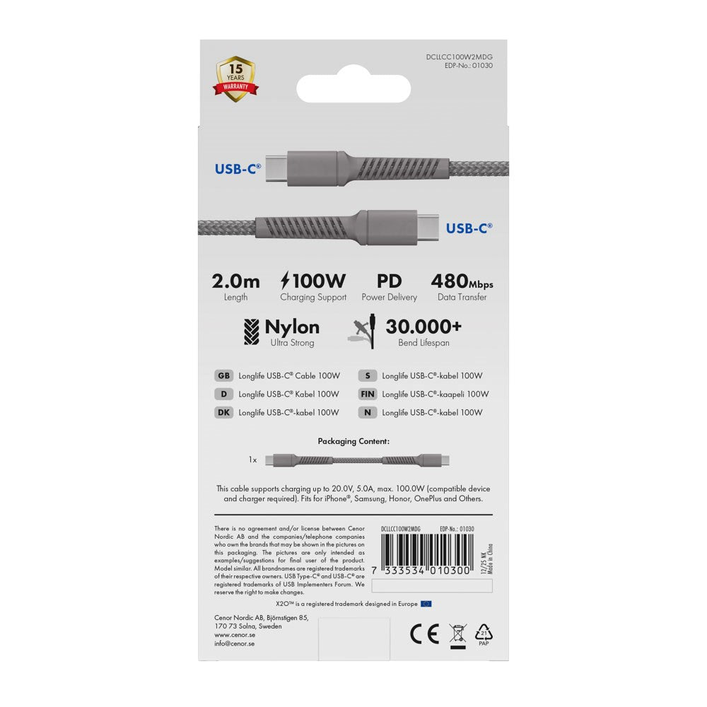 X2O Longlife 100W USB-C to USB-C Cable - 2m - Grey