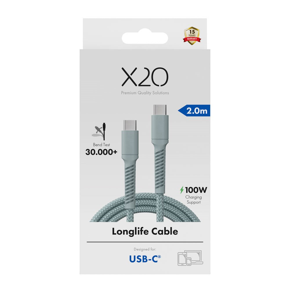 X2O Longlife 100W USB-C to USB-C Cable - 2m - Blue