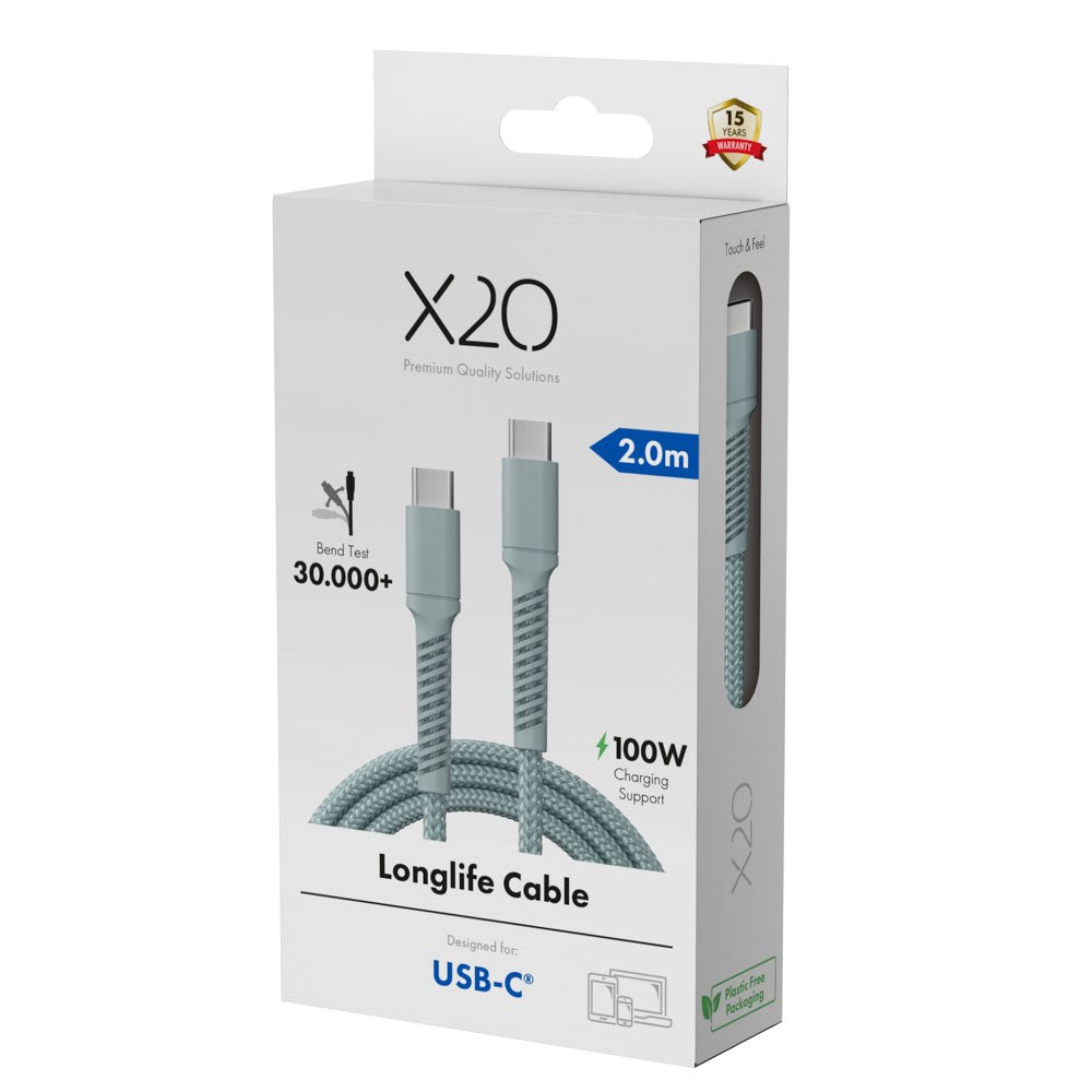 X2O Longlife 100W USB-C to USB-C Cable - 2m - Blue