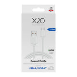 X2O Basic 60W USB-A to USB-C Cable - 2m - White