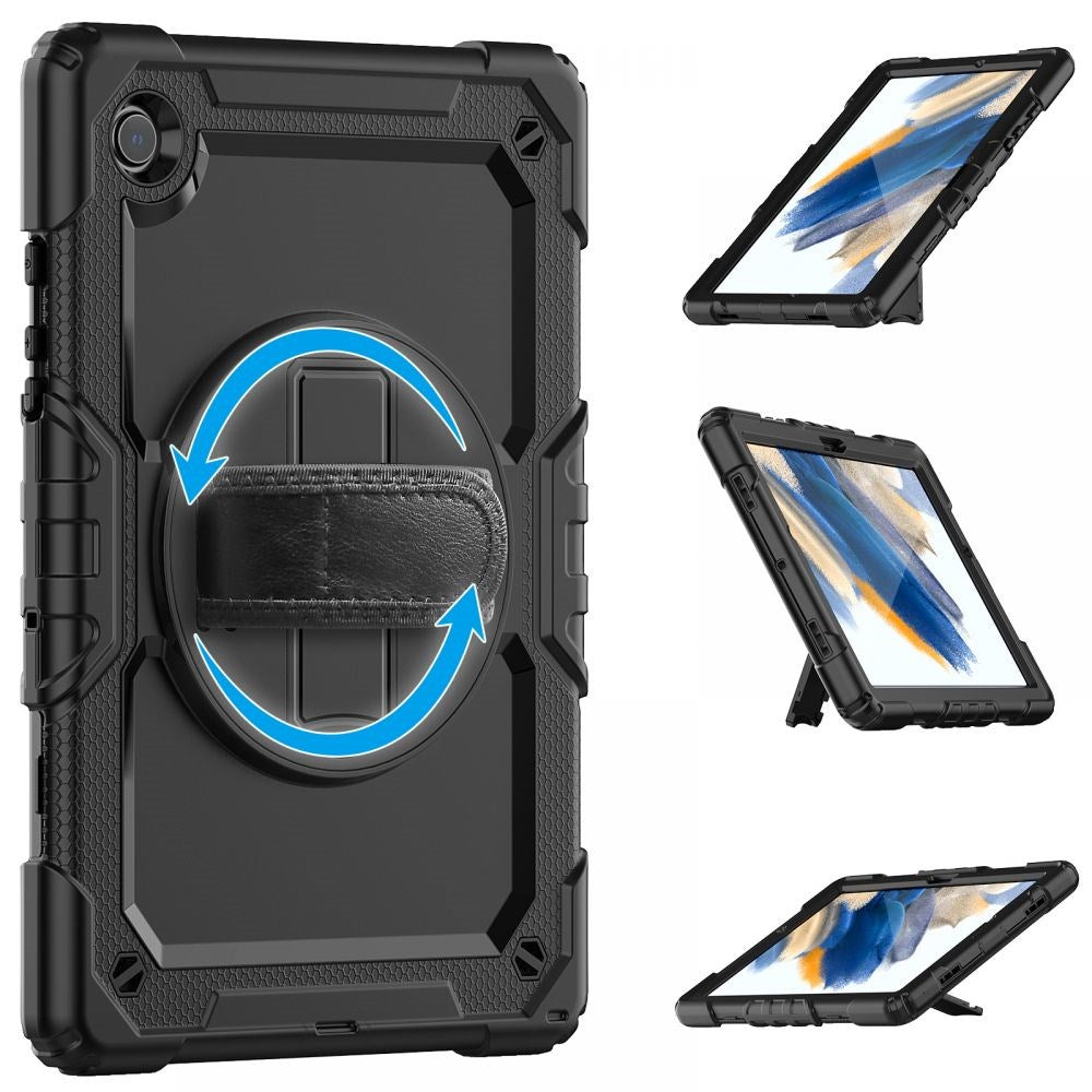 Samsung Galaxy Tab A8 10.5" (2021) Tech-Protect Solid360 Tough Case w. Protective Film, Hand Holder & Shoulder Strap - Black