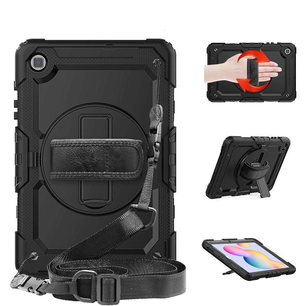 Samsung Galaxy Tab S6 Lite Tech-Protect Solid360 Tough Case w. Protective Film, Hand Holder & Shoulder Strap - Black