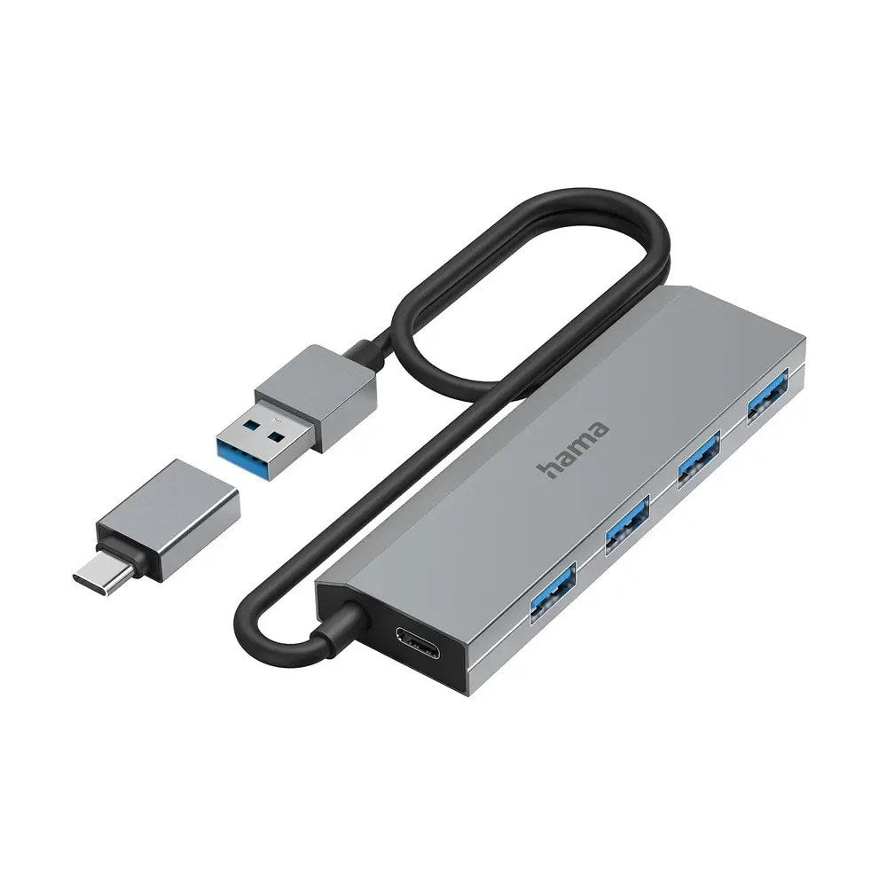 HAMA USB-A Hub with USB-C Adapter – Grey