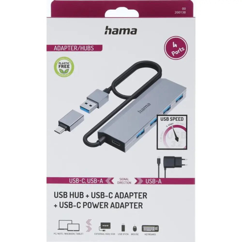 HAMA USB-A Hub with USB-C Adapter – Grey